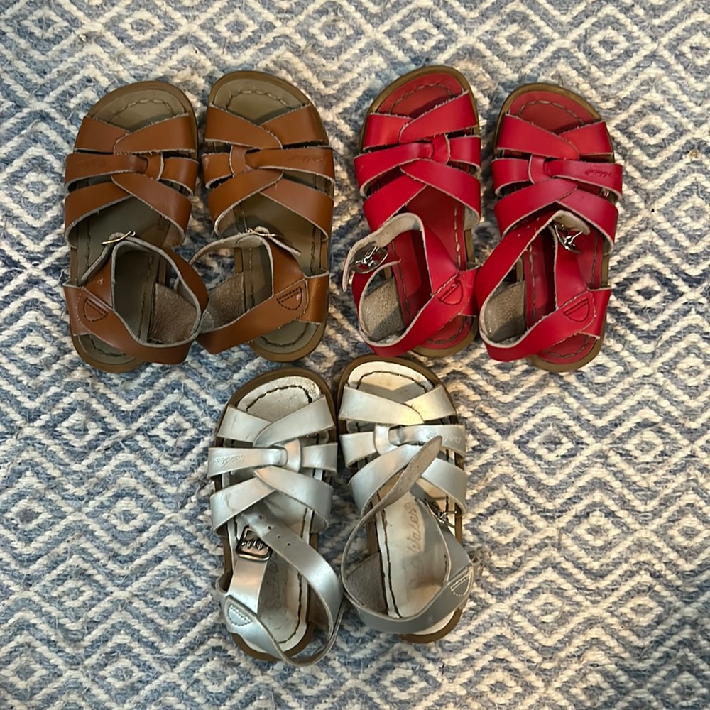 Salt Water Sandals by Hoy in Vibrant Red, Classic Brown, and Shiny Silver